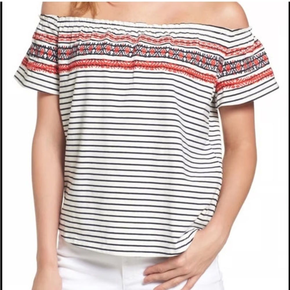 THML Mirah Off-The-Shoulder Embroidered Cotton Blend Knitt Top